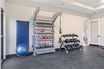a workout room with weights and equipment in a home gym